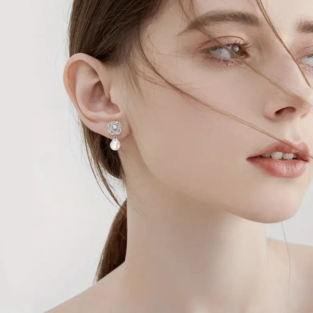 Radiant Silver Pearl Earrings with Diamond Accents - Picture 3 of 3